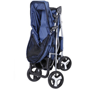 Segawe Foldable Carrier Strolling Cup Holder 4 Wheel Pet Stroller for Dog Navy Blue