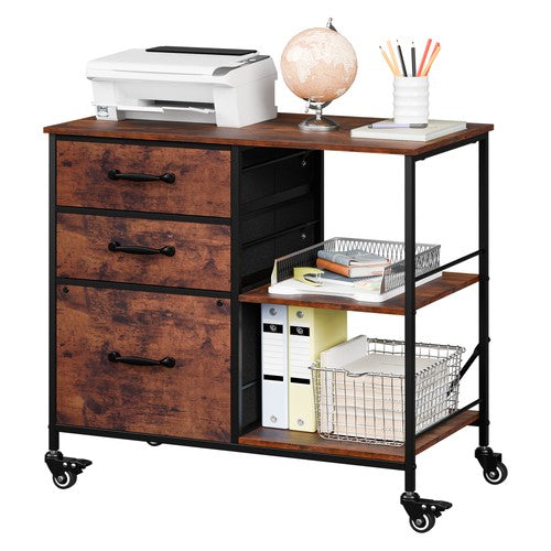 Segawe Mobile File Cabinet Wood Lateral Filing Cabinet w/3 Drawers and Open Shelf Brown