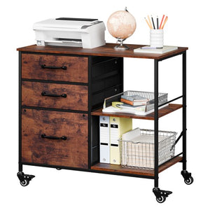 Segawe Mobile File Cabinet Wood Lateral Filing Cabinet w/3 Drawers and Open Shelf Brown