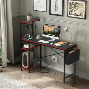 Segawe Gaming Desk with Power Outlet & LED Light 44 Inch Computer Office Desk with Hook