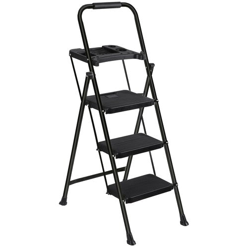 Segawe 3-Step Ladder w/ Tool Tray Portable Folding Wide Anti-Slip Step Stool Home Black