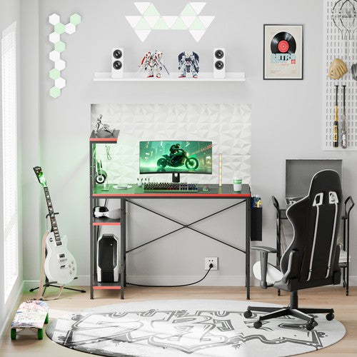 Segawe Gaming Desk with Power Outlet & LED Light 44 Inch Computer Office Desk with Hook