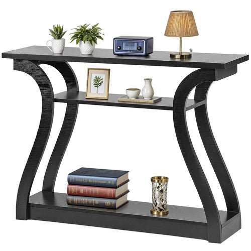 Segawe Wood Console Table 3 Tier Modern Accent Sofa Table with Curved Legs Shelf Black