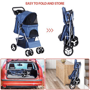 Segawe Foldable Carrier Strolling Cup Holder 4 Wheel Pet Stroller for Dog Navy Blue