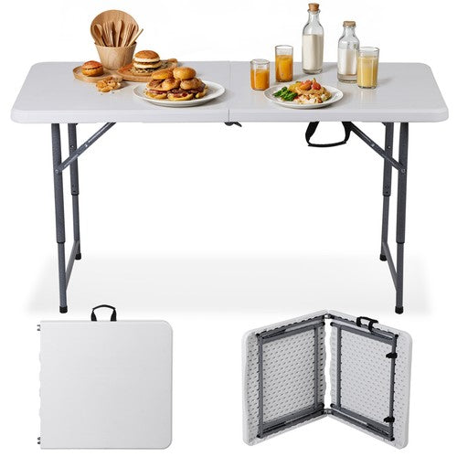 Segawe Folding Table Adjustable 4FT Plastic Table Picnic Camping w/Carry Handle White