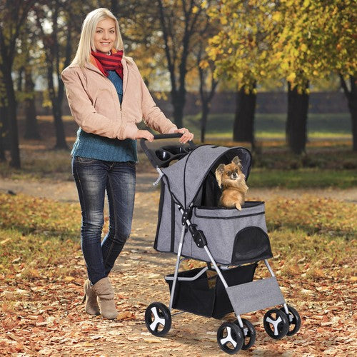 Segawe Foldable Carrier Strolling Cart 4 Wheel Pet Stroller for Dog w/ Cup Holder Gray
