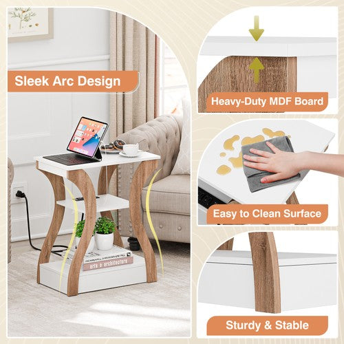 Segawe Set of 2 End Tables Accent Sofa Tables w/Curved Legs & Charging Station White