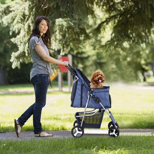 Segawe Foldable Carrier Strolling Cup Holder 4 Wheel Pet Stroller for Dog Navy Blue