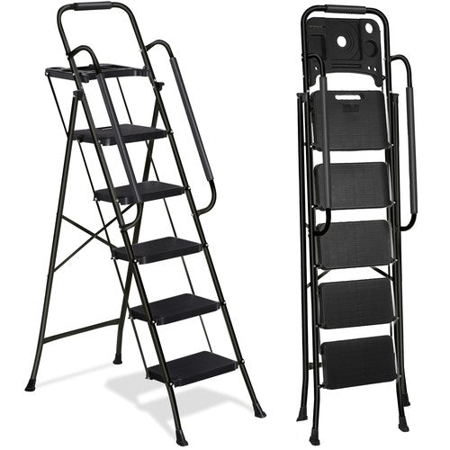 Segawe 5 Step Ladder w/ Handrails Folding Step Stool Anti-Slip Pedal w/Tool Tray Black