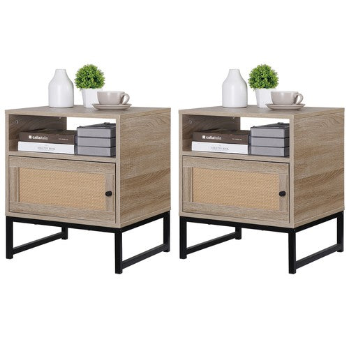 Segawe Rattan Nightstand Set of 2 End Table with Storage for Bedroom or Living Room Oak
