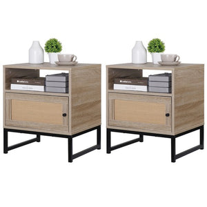 Segawe Rattan Nightstand Set of 2 End Table with Storage for Bedroom or Living Room Oak