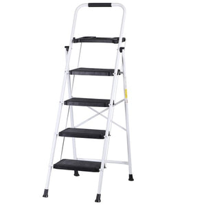 Segawe 4 Step Ladder Folding Steel Ladder with Non-Slip Wide Pedal and Tool Tray White