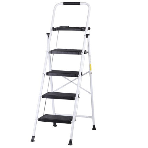 Segawe 4 Step Ladder Folding Steel Ladder with Non-Slip Wide Pedal and Tool Tray White