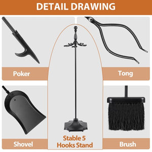 Segawe 5PCS Fireplace Tools Wrought Iron Large Fire Tool Set and Holder w/Black Handles