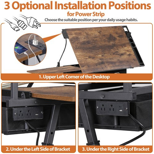 Segawe Drafting Table Drawing Desk Adjustable Tabletop w/Charging Station & Stool Retro