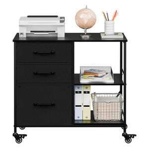 Segawe Black Mobile File Cabinet Lockable Filing Storage w/ 3 Drawers & Open Shelves
