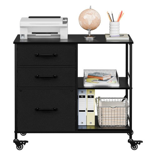 Segawe Black Mobile File Cabinet Lockable Filing Storage w/ 3 Drawers & Open Shelves