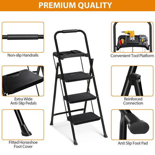 Segawe 3-Step Ladder w/ Tool Tray Portable Folding Wide Anti-Slip Step Stool Home Black