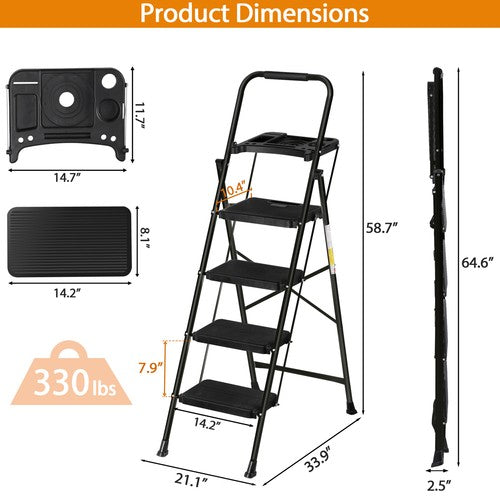 Segawe 4 Step Ladder with Tool Platform Anti-Slip Sturdy & Wide Pedal Stool 330lb Black