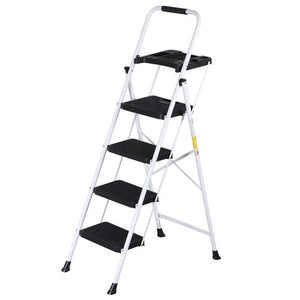 Segawe 4 Step Ladder Folding Steel Ladder with Non-Slip Wide Pedal and Tool Tray White