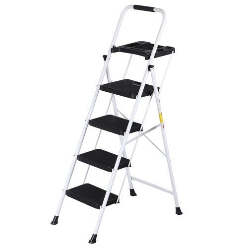 Segawe 4 Step Ladder Folding Steel Ladder with Non-Slip Wide Pedal and Tool Tray White