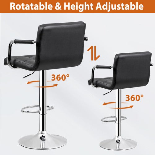 Segawe 2PCS Adjustable Bar Stools PU Leather Modern Dinning Chair with Armrest Black