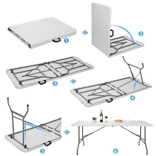Segawe 6Ft Plastic Folding Table Portable Fold-in-Half Picnic Utility Table with Handle
