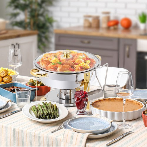 Segawe 2Pack 5QT Stainless Steel Chafing Dish Buffet Set Round Chafers w/Glass Lid Gold
