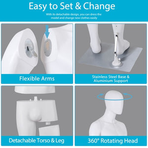 Segawe Male Mannequin Dress Form 73" Adjustable Stand w/Base White Mannequin Full Body