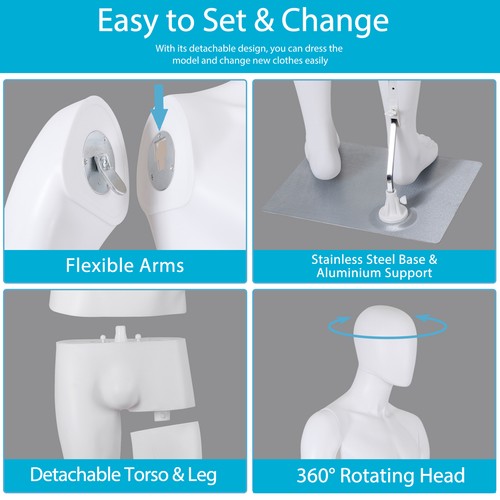 Segawe Male Mannequin Dress Form 73" Adjustable Stand w/Base White Mannequin Full Body