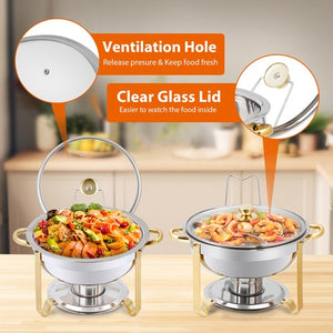 Segawe 2Pack 5QT Stainless Steel Chafing Dish Buffet Set Round Chafers w/Glass Lid Gold