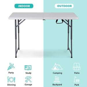 Segawe Folding Table Adjustable 4FT Plastic Table Picnic Camping w/Carry Handle White