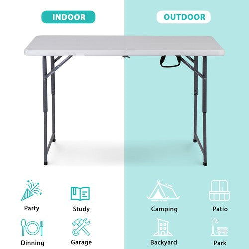 Segawe Folding Table Adjustable 4FT Plastic Table Picnic Camping w/Carry Handle White