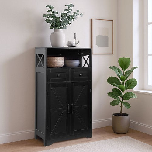 Segawe Farmhouse Storage Cabinet Bathroom Floor Cabinet Kitchen Pantry w/ Drawers Black
