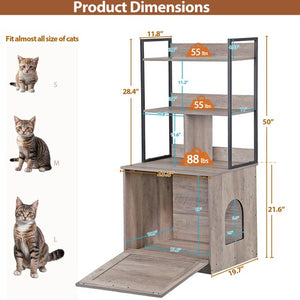 Segawe 50" Cat Litter Box Enclosure w/ Shelves 2-in-1 Hidden Litter Box Furniture Grey