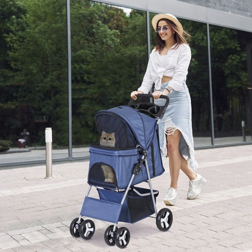 Segawe Foldable Carrier Strolling Cup Holder 4 Wheel Pet Stroller for Dog Navy Blue