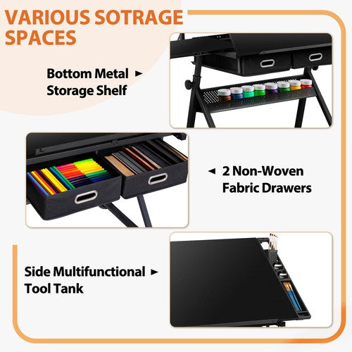 Segawe Drafting Desk Drawing Table Adjustable w/ Stool Arts & Charging Station Black