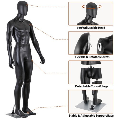 Segawe 73" Black Male Mannequin Full Body Maniquine Model Stand Adjustable Metal Base