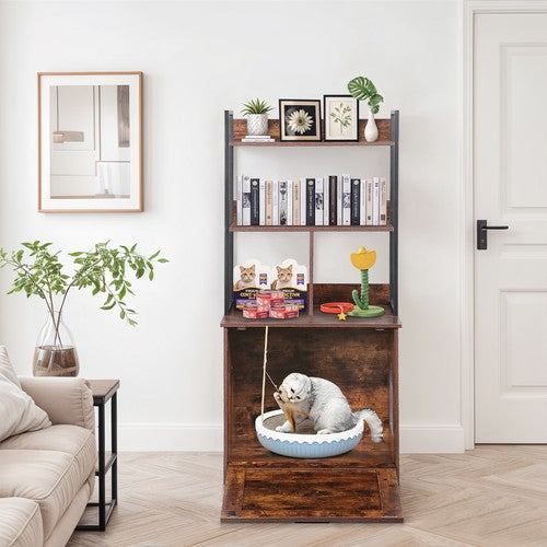 Segawe Wooden Cat Litter Box Enclosure with Shelves Cat House Washroom Cat Furniture