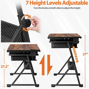 Segawe Drafting Table Drawing Desk Adjustable Tabletop w/Charging Station & Stool Retro