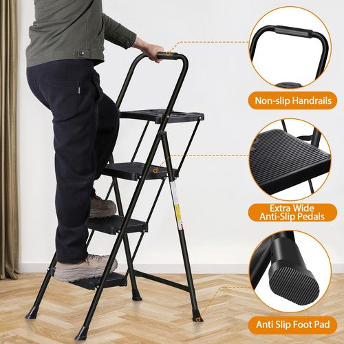 Segawe 3-Step Ladder w/ Tool Tray Portable Folding Wide Anti-Slip Step Stool Home Black