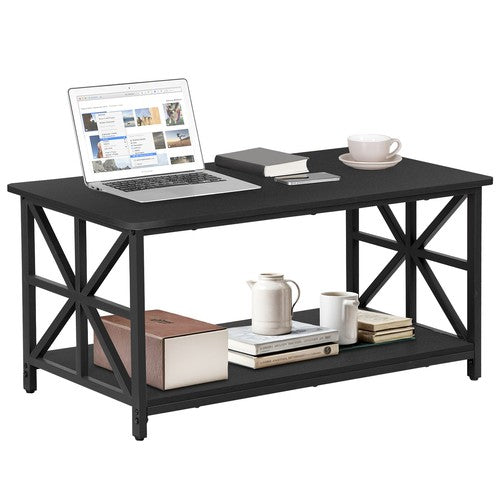 Segawe Coffee Table for Living Room Rectangular Center Table with 2 Storage Shelf Black