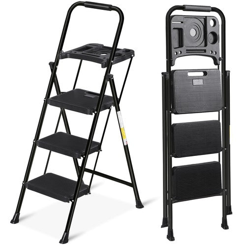 Segawe 3-Step Ladder w/ Tool Tray Portable Folding Wide Anti-Slip Step Stool Home Black
