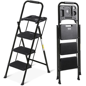 Segawe 3-Step Ladder w/ Tool Tray Portable Folding Wide Anti-Slip Step Stool Home Black