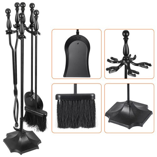 Segawe 5PCS Fireplace Tools Wrought Iron Large Fire Tool Set and Holder w/Black Handles