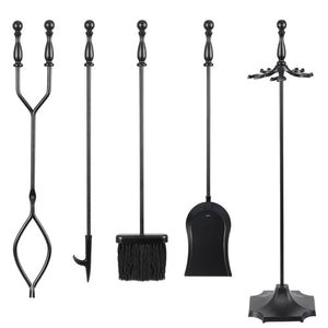 Segawe 5PCS Fireplace Tools Wrought Iron Large Fire Tool Set and Holder w/Black Handles