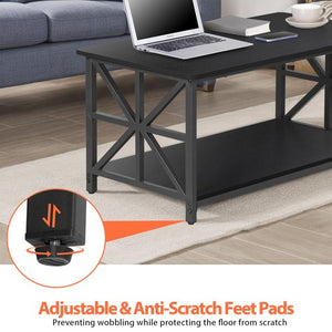 Segawe Coffee Table for Living Room Rectangular Center Table with 2 Storage Shelf Black