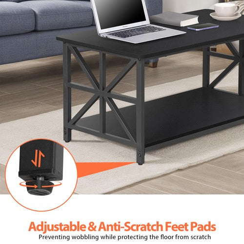Segawe Coffee Table for Living Room Rectangular Center Table with 2 Storage Shelf Black