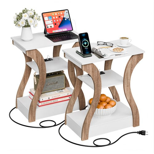Segawe Set of 2 End Tables Accent Sofa Tables w/Curved Legs & Charging Station White