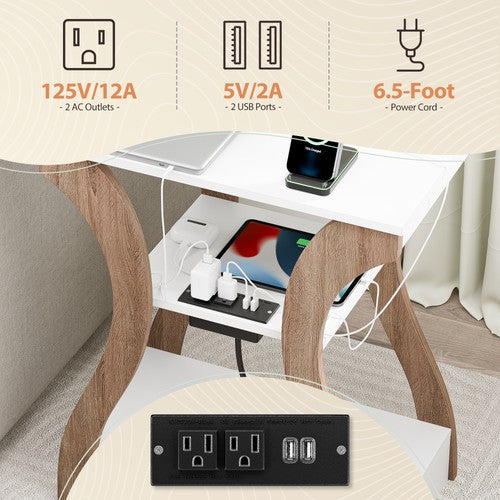 Segawe Set of 2 End Tables Accent Sofa Tables w/Curved Legs & Charging Station White